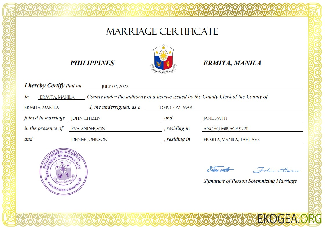 Modèle Word et PDF de certificat de mariage aux Philippines